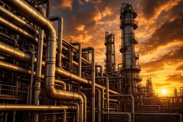 Fototapeta premium Industrial Oil Refinery Plant Zone Close Up View Pipe Lines Structures Against Sunrise Cloudy Sky Energy Production Petroleum Processing Infrastructure Photography