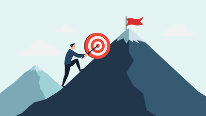 Businessman climbing a mountain with a red target at the top symbolizing goal achievement and success