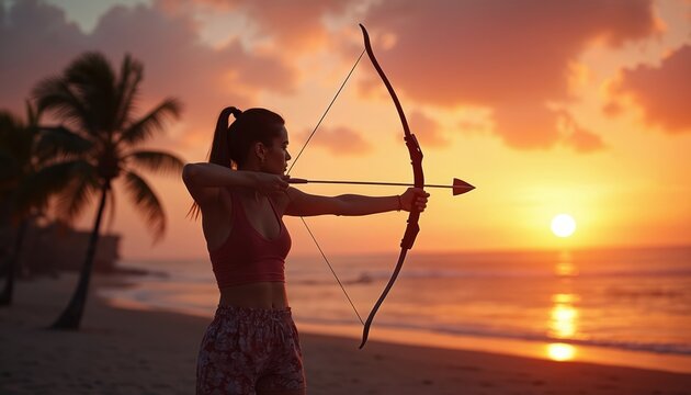 Woman archer aims bow arrow at sunset. Silhouette of female archer on beach. Practicing archery outdoor at golden hour. Serene landscape with palm trees, ocean. Strength, focus, zen, peace,