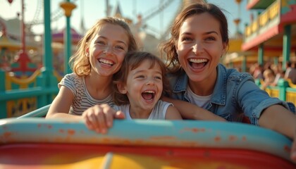Happy mother, two children riding roller coaster. Family enjoys amusement park fun. People laughing, feeling excited, experiencing joy on vacation. Thrill, adventure, bonding, happy family time in