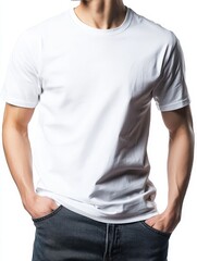 Obraz premium Stylish Man in White T-Shirt and Jeans: Casual Fashion, Comfortable Cotton Wear, Trendy Summer Style, Slim Fit, Everyday Wardrobe Essential