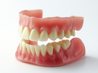 Obraz premium Denture Art: False Teeth Prosthetic for Dental Health & Oral Care. Medical Device for Tooth Replacement, Smiling with Confidence, Close-up on White.