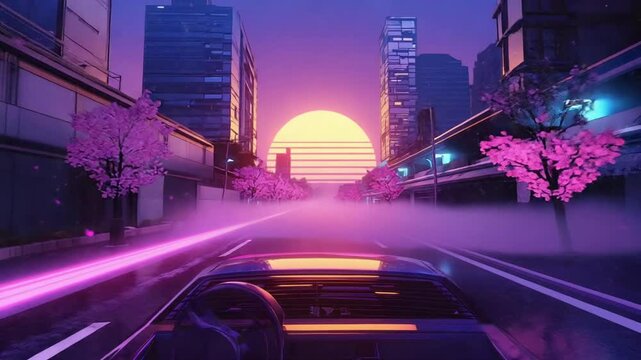 1980s synthwave spiral city, infinite vortex road, skyscrapers, electric cars driving, retro sun in center, dreamy neon lights, purple orange gradient sky, futuristic loop, vaporwave dreamscape