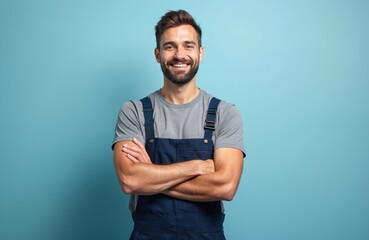 Cheerful repairman, craftsman portrait on blue background. Smiling, bearded handyman in work clothes. Confident construction worker, builder, positive attitude. Job, occupation, construction industry