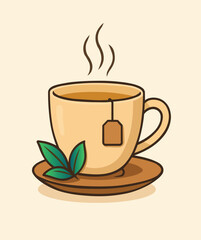 A cup of tea with a tea bag, saucer and leaves