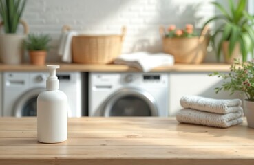 Blank white soap bottle on wooden table in laundry room. Washer dryer on the background. Laundry products. Clean domestic household scene, light and airy. Interior home design.