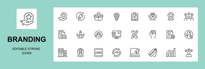 Branding icon set editable Stroke. Containing marketing, product, brand value, design, logo, brand development, social media, advertising and loyal customers icons. Editable Outline, Line icon collect