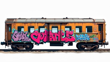 Graffiti train car illustration. Old railway wagon with colorful graffiti art on the exterior. Vintage vehicle on railroad tracks. Urban street art design concept. Transportation theme.