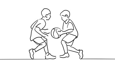 Two boys playing ball continious line drawing. 
Basketball, childhood, competition. Vector illustration