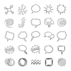 Collection of diverse hand-drawn speech bubbles and comic elements isolated on white background, featuring stars, explosions, spirals, and various shapes