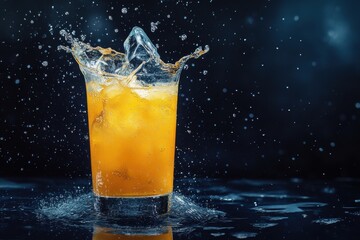 Refreshing orange soda splash in glass isolated on white background