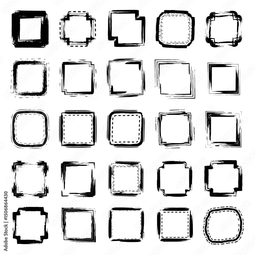 Poster collection of black grunge square frames and borders isolated on white background for design element