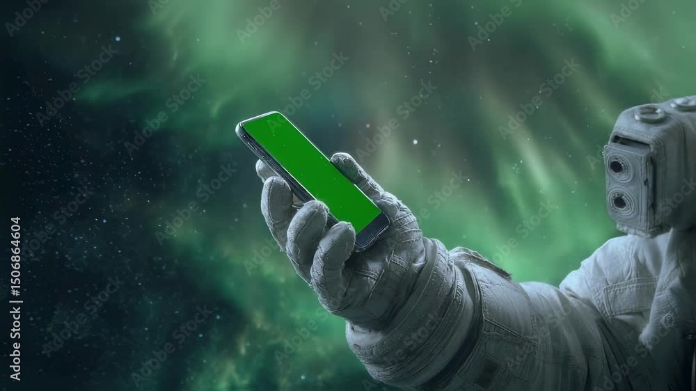 Aufkleber astronaut wearing spacesuit holding smartphone with green screen display, floating against colorful 