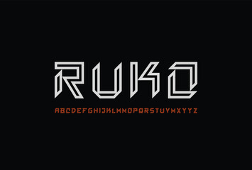RUKO Font. Bold Geometric Display Typeface with Sharp Edges and Brutal Style. Strong Masculine Capital Letters for Logos, Sports, and Modern Branding. Vector Illustration.
