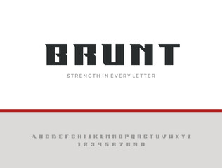 Brunt Font. Bold Geometric Display Typeface with Sharp Edges and Brutal Style. Strong Masculine Capital Letters for Logos, Sports, and Modern Branding. Vector Illustration.