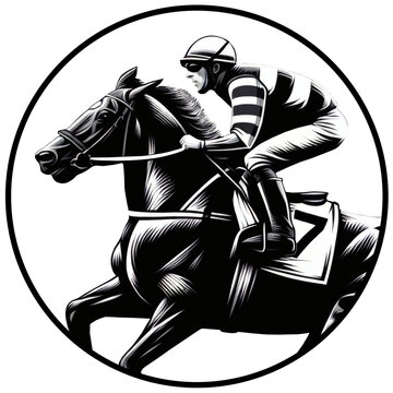 Rennpferd mitn Jockey, beim Pferderennen Zeileinlauf, Startnummer 7, emblem, Logo