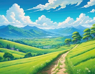 Obraz premium Serene rolling hills landscape under a summer sky