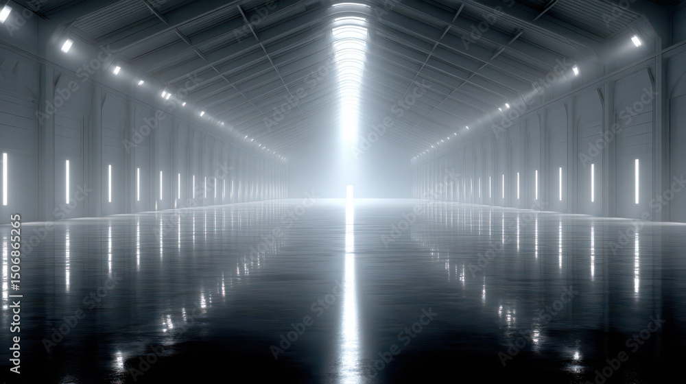 Poster illuminating pathway: an expansive, futuristic interior featuring a bright light source at the end o