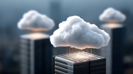 Cloud Computing over City: Abstract digital illustration depicting cloud computing infrastructure above a cityscape, symbolizing data storage and transfer, connectivity, and the digital age. 