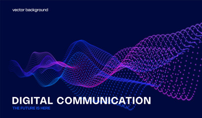 AI dark blue technology abstract background with vector waves of flowing particles, curvy lines of dots in motion, technology and science theme