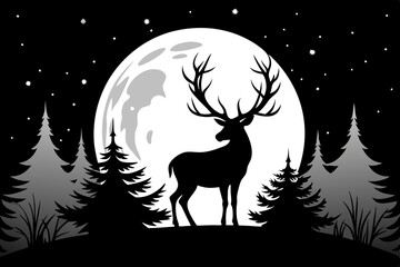 Majestic Stag Silhouette Under Moonlight in a Winter Forest Landscape