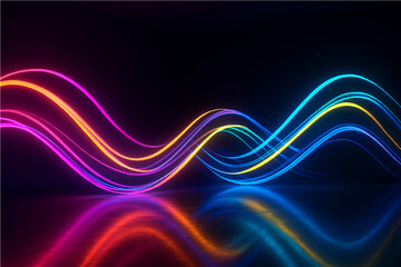 3d render. Abstract background of neon ribbon. Fluorescent lines glowing in the dark room with floor reflection. Fantastic panoramic wallpaper. Digital data transfer. Energy concept.
