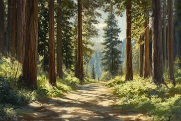 Obraz premium Sunlit Forest Path in Sequoia National Park