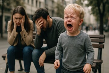 Parenting Struggles Exhausted Mother and Father Overwhelmed by Screaming Toddler's Tantrum Depicting Stress and Challenges of Raising Difficult Child
