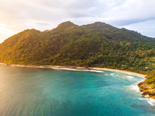  Lhoknga coastline, sea aerial view at Lampuuk beach by drone in Aceh, Indonesia. popular for surfing waves and surfers