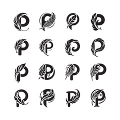 Modern letter P feather logo icons bundle, unique alphabet P design with feather shape, abstract P monogram vector set for creative branding use

