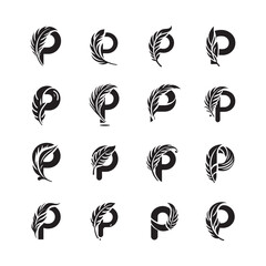 Creative letter P logo icons set with feather shape design, professional minimalist P logos collection, feather letter P vector symbols for branding
