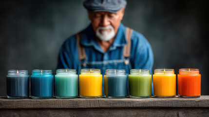 Candle artisan's creation: A skilled candle artisan presents a vibrant collection of handmade candles. A harmonious blend of color and craftsmanship, embodying the dedication to artisanal quality.