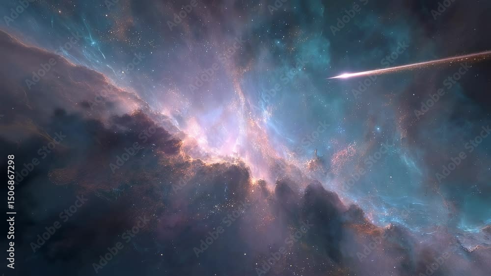 Poster vibrant nebula clouds glowing with intense colors illuminating vast darkness of outer space while lu