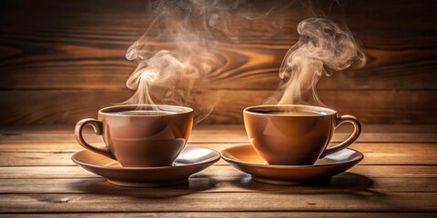 Two Steaming Cups of Coffee on Wooden Table, Warm Coffee Drink, Cozy Atmosphere, Still Life Photography. Coffee, Hot Drink