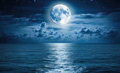 Full moon over a calm ocean at night