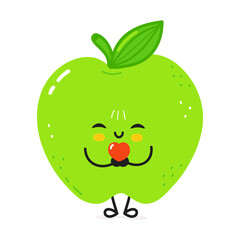 Smiling Green Apple character hugging red heart, symbolizing love and wellness for valentine s campaign or nutrition concepts