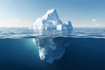Iceberg floating in the ocean with visible reflection revealing its submerged structure beneath the surface