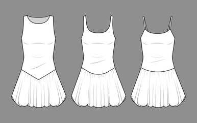 Vector mini bohemian dress fashion CAD, woman flared sleeveless short dress technical drawing, template, sketch, flat, mock up. Jersey or woven fabric mini 3 pcs dress with front view, white color