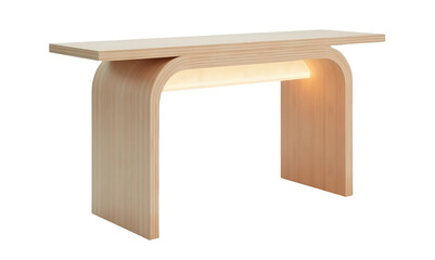 Modern wooden console table with curved legs and built in warm light