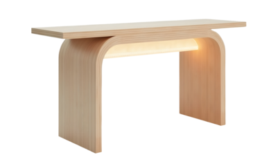 Modern wooden console table with curved legs and built in warm light