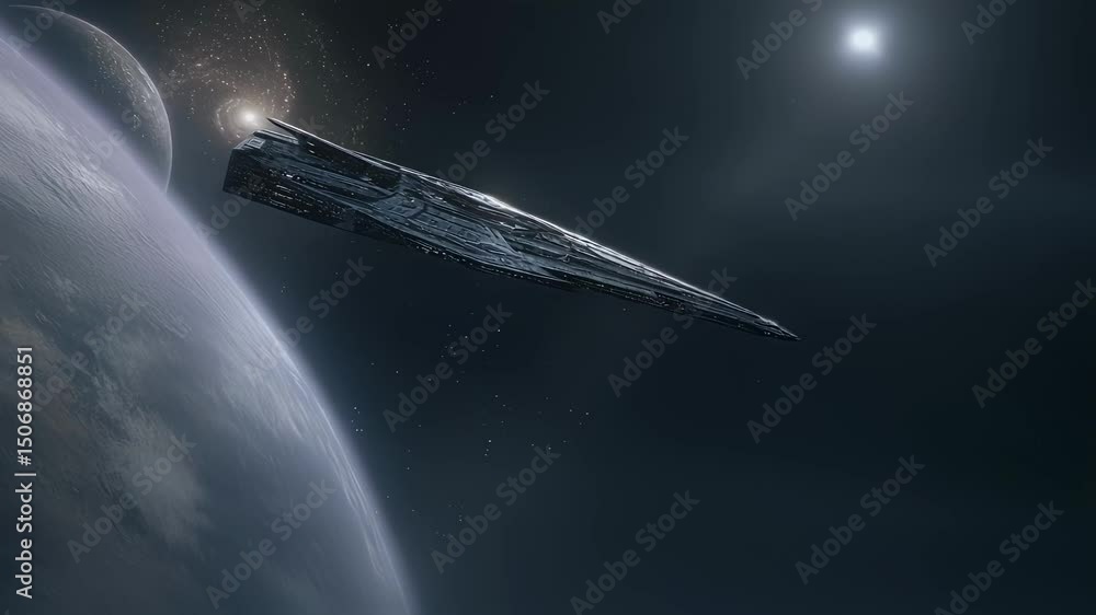 Poster advanced spaceship cruising through the vast expanse of space, passing near planets and a distant ga