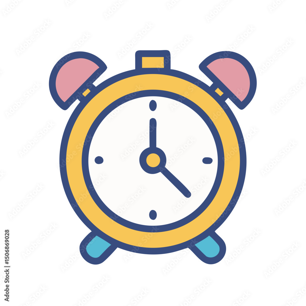 Poster stylized alarm clock icon with colorful flat design elements