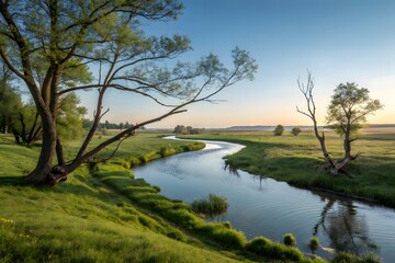 Fototapeta premium Serene winding river landscape at golden hour.