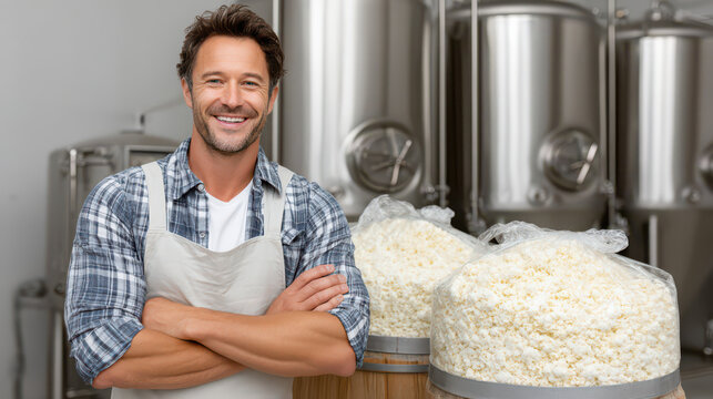 Brewery Artisan: A confident artisan stands proudly amidst the heart of his craft, posing with crossed arms and smiling, within the intricate landscape of his brewery.