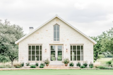 Obraz premium Elegant stone house with large windows surrounded by greenery on a cloudy day in the countryside, exuding charm and tranquility