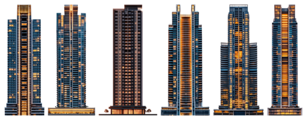 PNG Modern illuminated skyscraper architecture, element set on transparent background