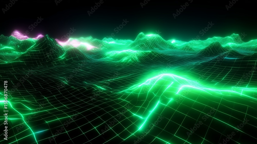 Poster neon green digital landscape with glowing peaks and valleys created by computer-generated graphics a