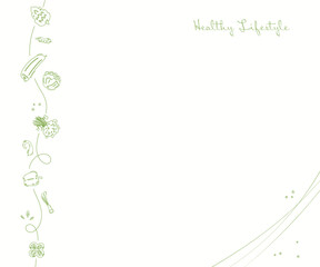 Background with the ornament with vegetables, healthy food pattern with grocery plants. Web header, banner, decorative art. Vector illustration.