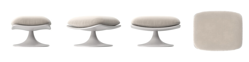 white tulip base ottoman with soft cushion multiple view isolated.
