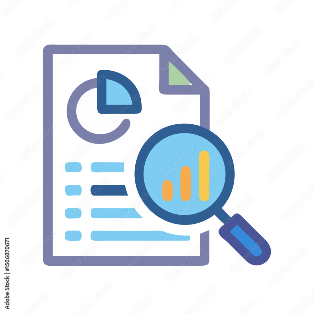 Aufkleber analyzing business data with graphical report and magnifying glass